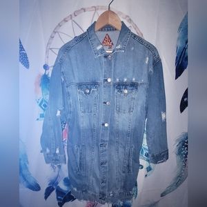 Distressed long denim jacket